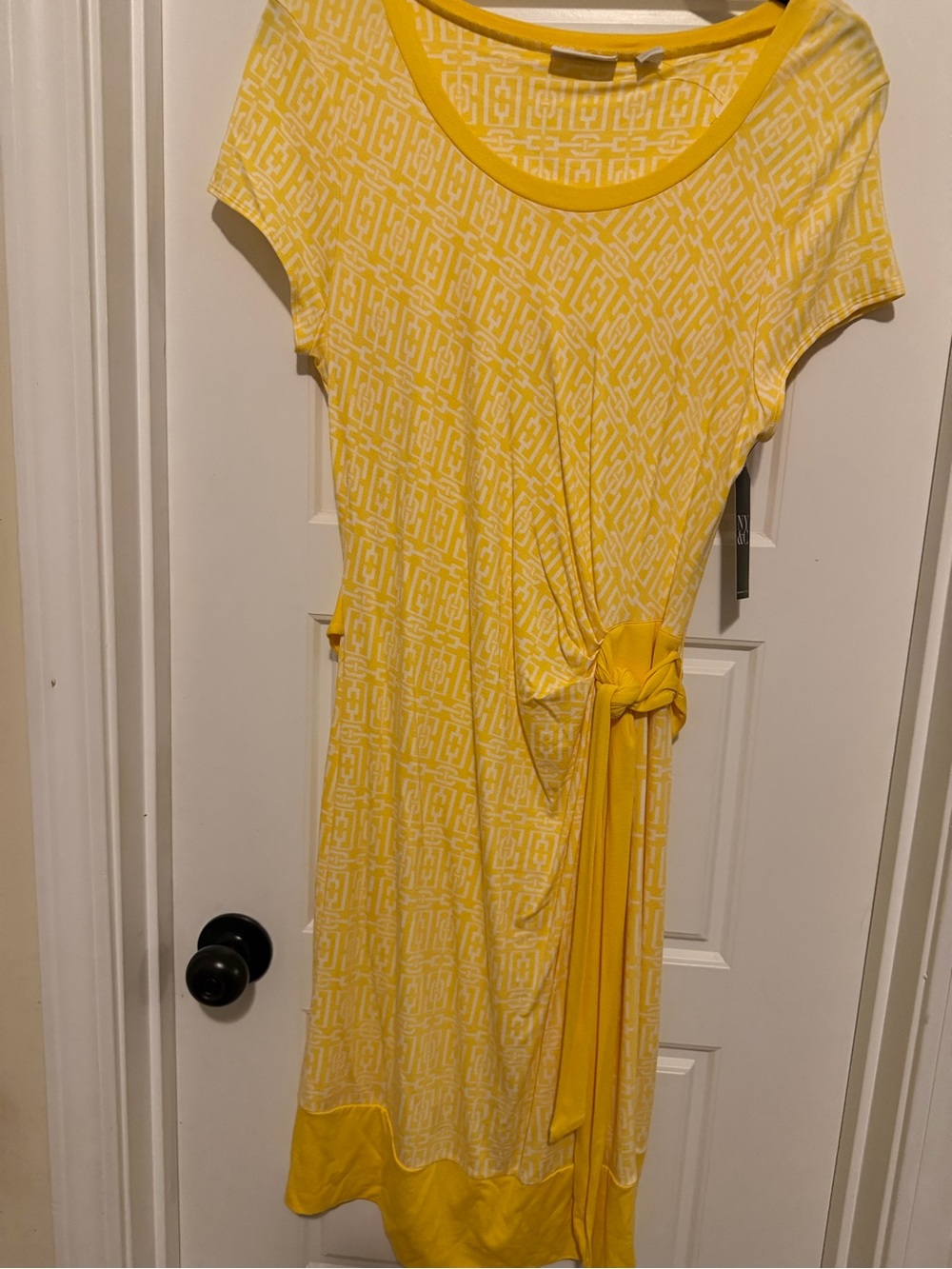New York & Company Yellow Geometric Knot-Waist Midi Dress